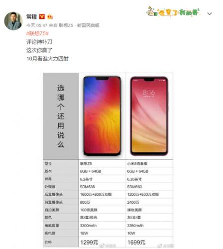 聯(lián)想常程微博懟小米8青春版 有意泄露新機(jī)聯(lián)想Z5 Pro搭載四攝攝像頭？