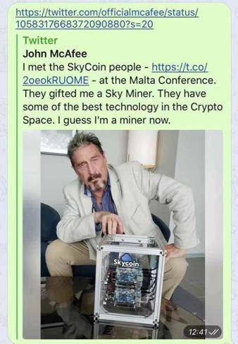 馬耳他 McAfee“踢館”，Skycoin“論劍”