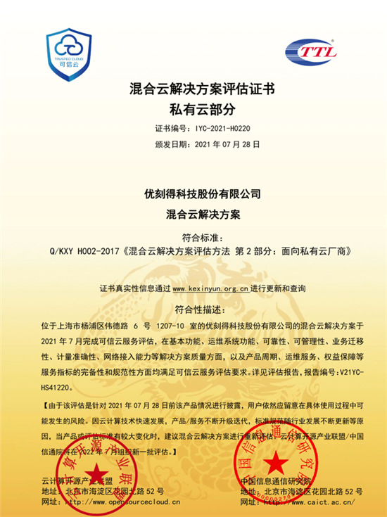 優(yōu)刻得UCloud UCMP云管平臺(tái)獲評(píng)首批“技術(shù)最佳實(shí)踐” 混合云通過可信云雙項(xiàng)權(quán)威認(rèn)證