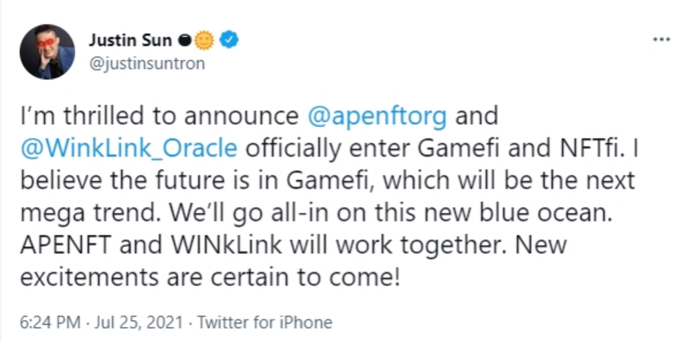 孫宇晨再落一子，APENFT和WINkLink要攜手布局GameFi了？