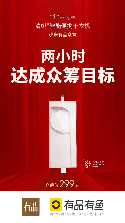 小米眾籌新品清蜓智能便攜干衣機(jī)，上線2小時(shí)超額達(dá)成眾籌目標(biāo)